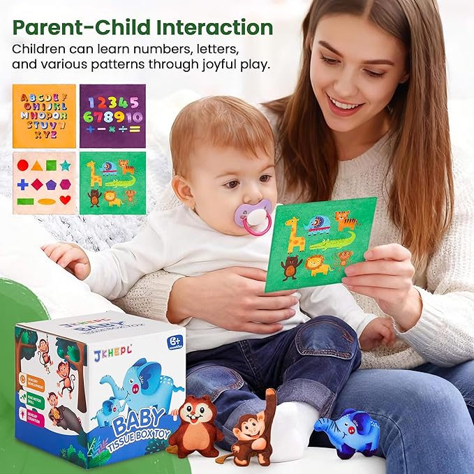 Baby Toys 6-12 Months - Baby Tissue Box Toy for 6 9 12 18 Months Old Montessori Sensory Toys for 1 Year Old Boy Infant Scarf Toy with Crinkle Tissues & Fine Motor Easter Basket Stuffers