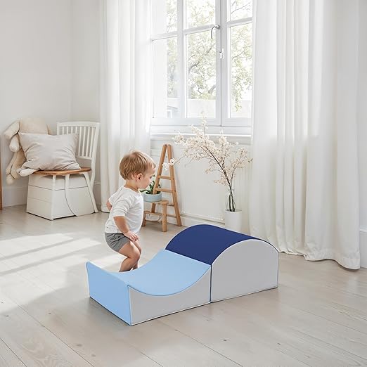 FDP SoftScape Curvy in and Out Playtime Climber, Indoor Active Play Structure for Toddlers and Kids, Safe Soft Foam for Crawling and Sliding, 2-Piece Set - Navy/Powder Blue