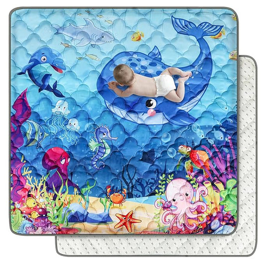 Baby Mat for Floor, Premium 50x50 Playpen Mat, Odorless Play Mat, Thicken Soft Padding Foam Play Mat for Baby, Non-Slip Cushioned Baby Floor Mat, Machine Washable Baby Crawling Mat (Ocean)