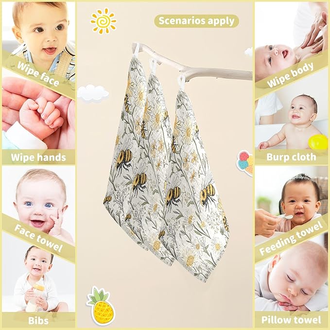 Bolaz Baby Gauze Towels for Kids Soft Handkerchief Newborn 100% Cotton Vintage Bee Absorbent 12x12 Inch 3 Pack