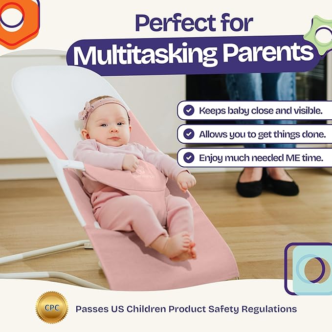 ComfyBumpy Ergonomic Baby Bouncer Seat - Bonus Travel Carry Case - Safe, Portable Bouncing Chair with Adjustable Height Positions - Infant Bouncy Seat Perfect for Newborn Babies (Pink)