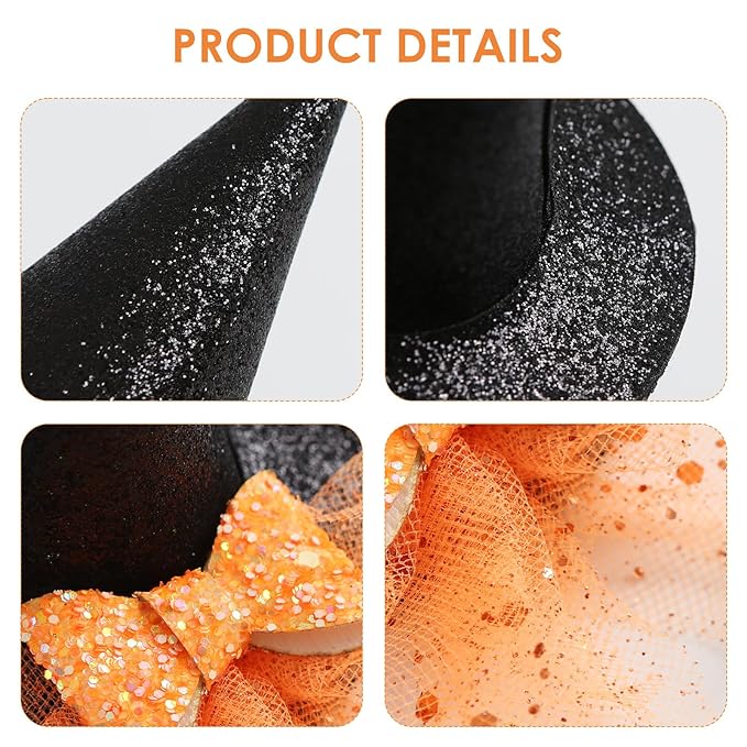 Baby Girls Mini Witch Hat Headband Infant Toddler Glitter Bow Tulle Party Hair Accessories Orange