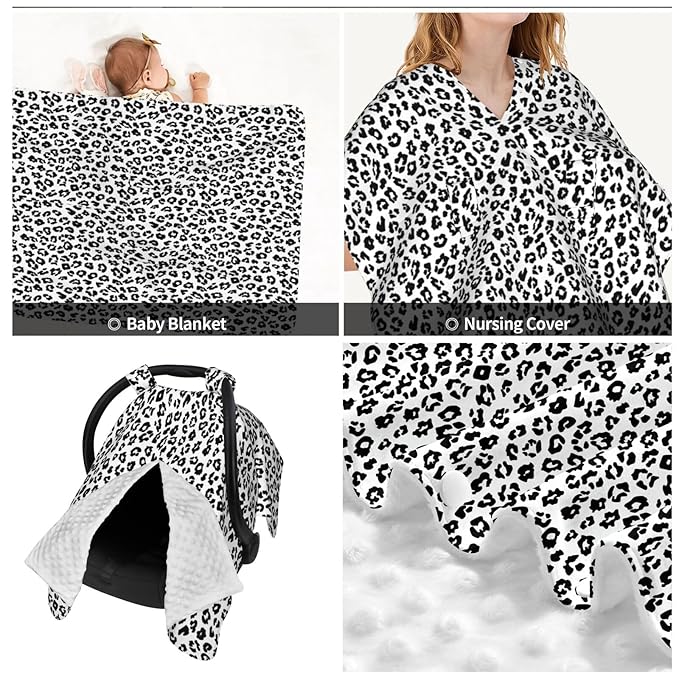 White and Black Leopard Pattern Print Baby Car Seat Canopy Nursing Cover for Newborn Car Seat Breastfeeding Covers Blanket Newborn Shower Gift