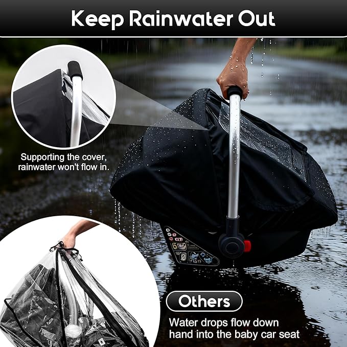 Waterproof Baby Car Seat Cover, Car Seat Rain Cover with Clear Window & Breathable Mesh, Universal Baby Carrier Cover with Support Rod to Prevent Collapse, Lightweight Weather Shield with Storage Bag