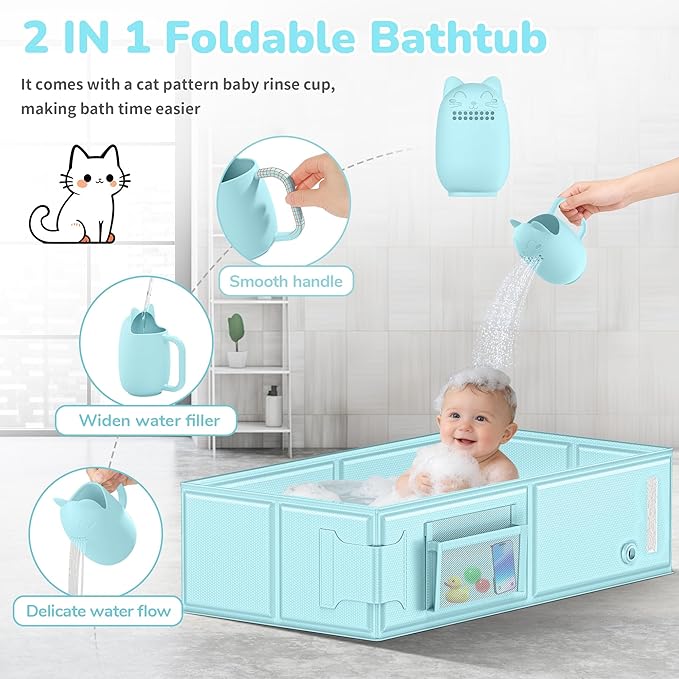 YomauiYee Baby Bathtub, Foldable Toddler Tub with Rinse Cup, 2-in-1 Portable Collapsible Baby Bath Tub for 6M-5Y, No Assembly, Space Saving for Travel, Hotel, Camping