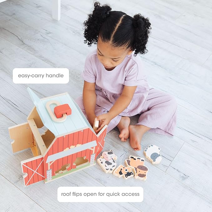 Pearhead Farm Animal Shape Sorter – Wooden Barn with 6 Chunky Animal Blocks, FSC-Certified, Flip-Up Roof & Carrying Handle, Montessori Pretend Play Toy for Boys and Girls, 2 3 4 Year Old