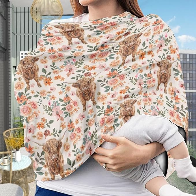 AFPANQZ Highland Cow Flowers Baby Car Seat Covers Cozy for Girls Boys Multifunctional Infant Car Seat Canopy Nursing Cover High Chair Cover Full Coverage Breathable Covers