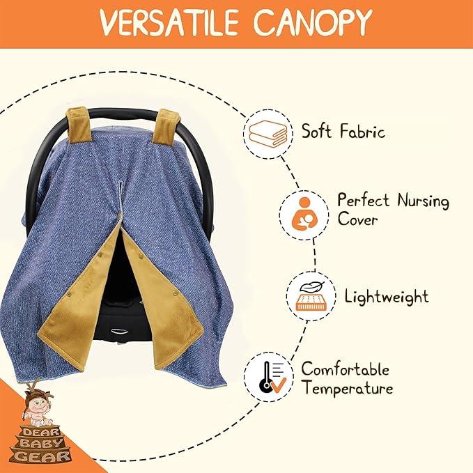Dear Baby Gear Car Seat Cover for Boys & Girls - Baby Carseat Canopy w/Snap Opening - Infant Seat Cover - Nursing Covers - Newborn Carrier Canopy -40x30"(Highland Cow on Denim, Smooth Khaki)