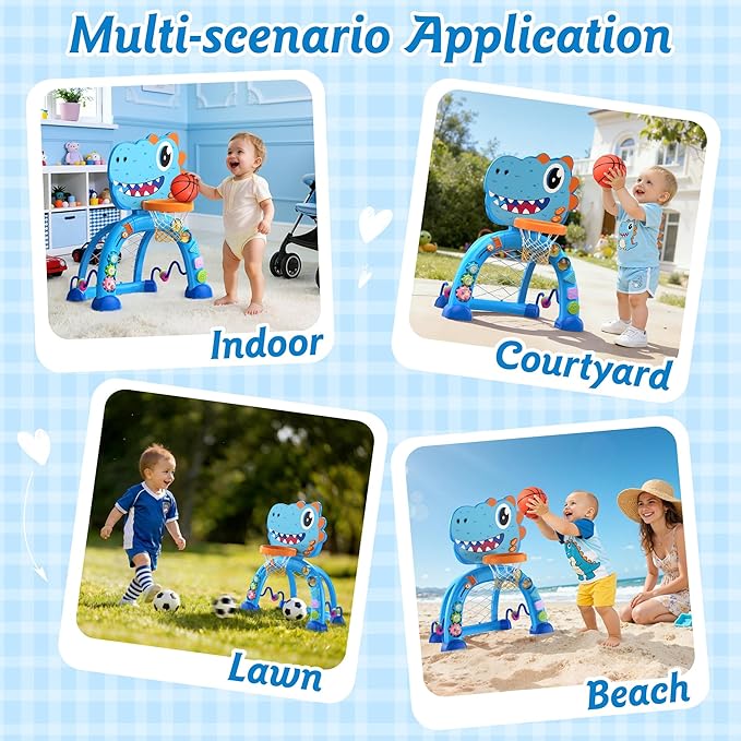 Dinosaur Toys for 1 Year Old Boy and Girl, Twinkoo Basketball Hoop & Soccer Goal Montessori Toys with Sound and Music for Baby 12-18 Months,Gift for 1 Year Old Boy Girl(Blue)