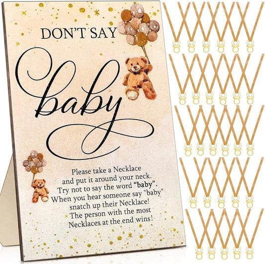 Wesiti 51 Pcs Cool Baby Shower Game Wooden Sign Gift Sets 50 Baby Shower Pacifiers Necklace Acrylic Pacifier for Gender Reveal Party Favor(Bear,Brown)
