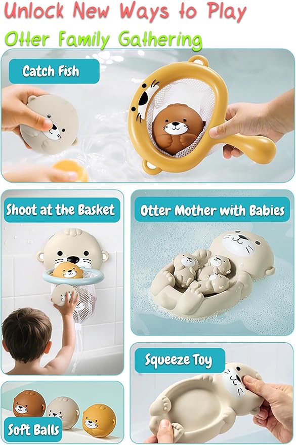 Otter Bath Toy, Otter Family Tub Toy Bathtub Floating Toy for Kids - Soft Vinyl and ABS Plastic Material - No Hole One-Piece Design (Otter Playset + Baketball Hoop + 2 Balls)