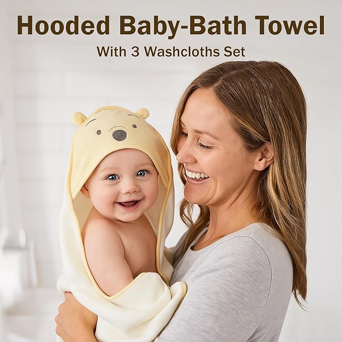 Disney Baby Winnie The Pooh Unisex Hooded Baby-Bath Towel with 3 Washcloths Set for Newborn and Infants