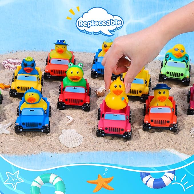 24 Pcs Summer Rubber Ducks for Jeeps, Summer Beach Rubber Ducks, 3.5 Inch Ducks for Jeeps ,2 Inch Ducks for Ducking, 12 Summer Ducks with 12 Cars, Summer Party Favors Gifts Swimming Pool Water Toys