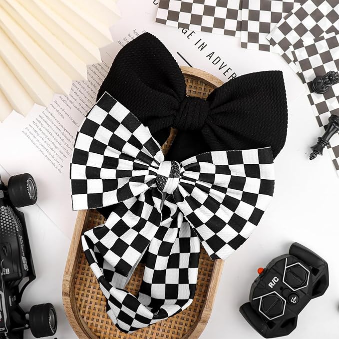 YanJie 2PCS 7’’ Black Bows for Baby Girls Checkered Headband White Bow Infants Toddler Hair Accessories Newborn Headbands Hair Bow Baby Clothes