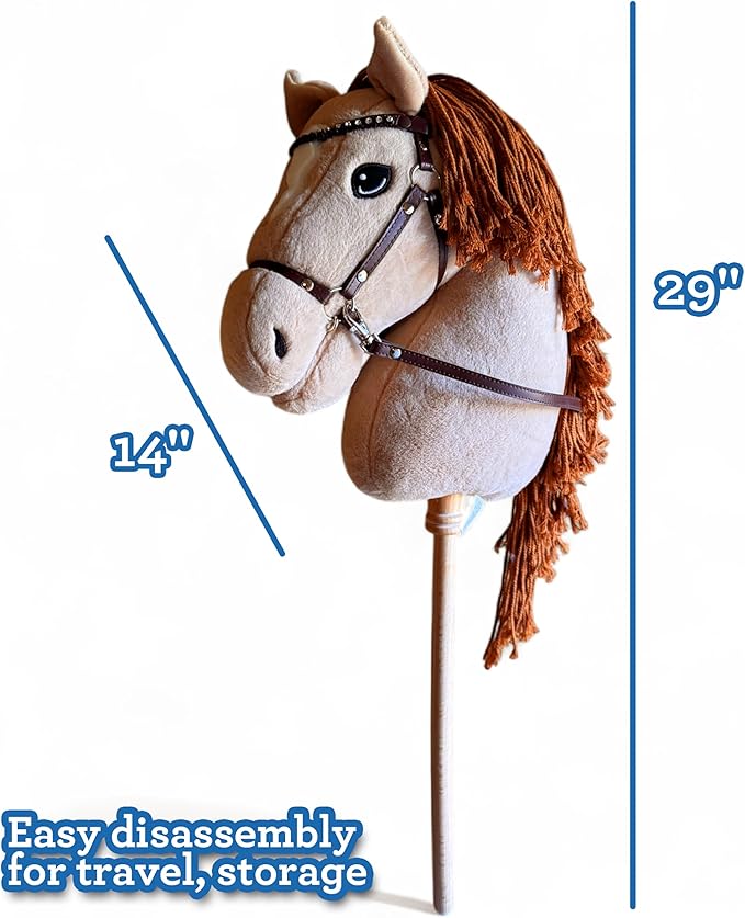 Playful Minds Large Hobby Horse for Kids and Adults – Show Quality with Rhinestone Studded Bridle, Removable Reins, and Long Mane – Plush Handmade Tournament Stick Horse, Palomino