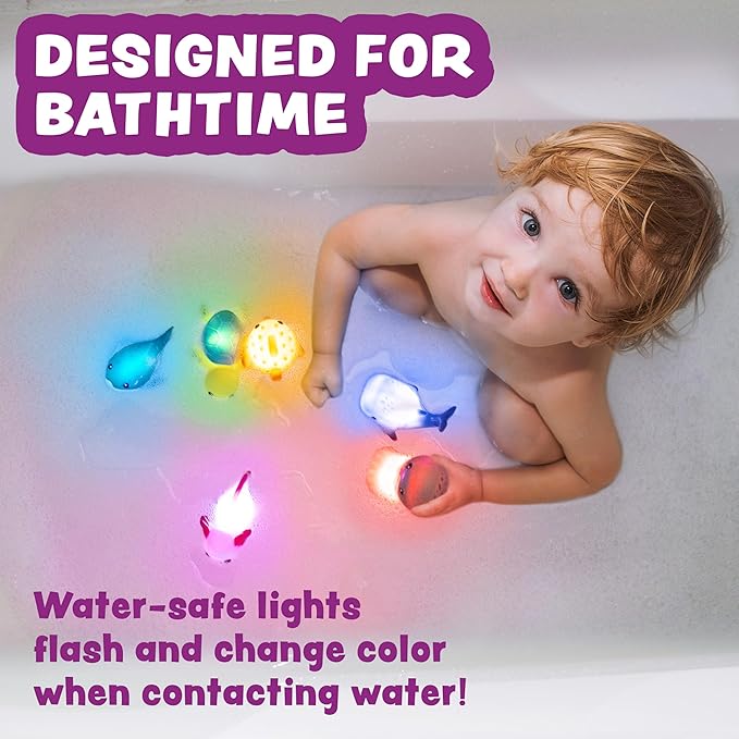 Tub Works® Under the Sea™ Light Up Bath Toys, 6 Pack | Water-Activated Light Up Toys Flash & Change Color | Easy-Grip Baby & Toddler Bath Toys | Sensory Bathtub Toys with Bath Lights for Kids Bath