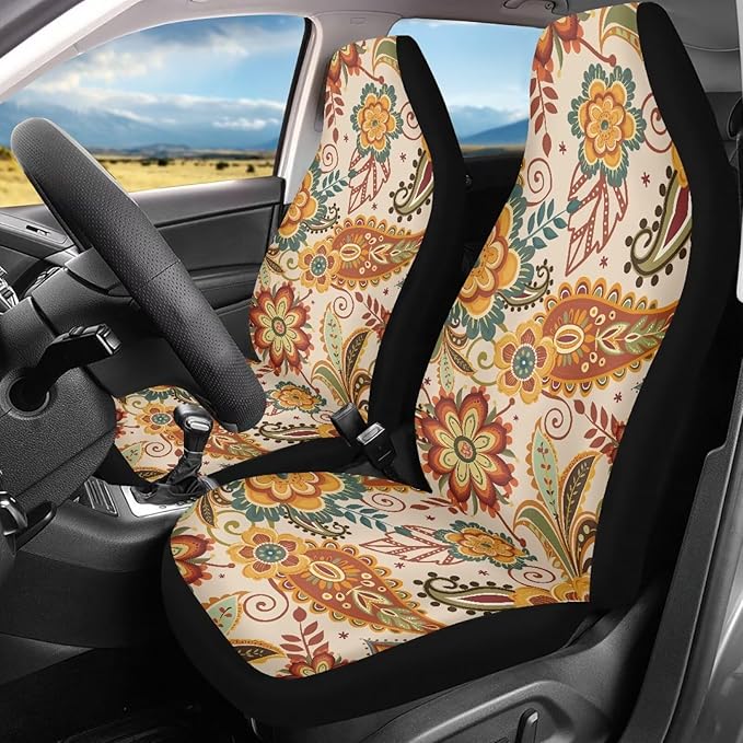 Boho Floral Car Seat Covers 2 Pcs Stretch Polyester Fabric Cover Waterproof Car Seat Cover Easy Installation Universal Size Fit for Most Cars SUVs Trucks Vans