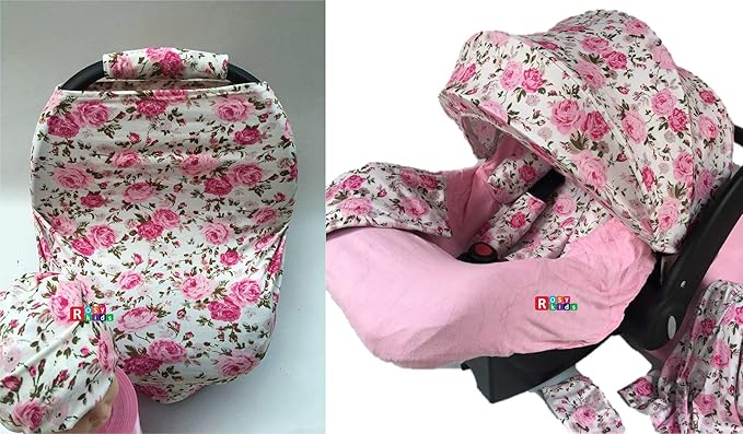 9pc Baby Girl Ultimate Set of Infant Car Seat Cover Canopy Headrest Blanket Hat Nursing Scarf, 25JE01