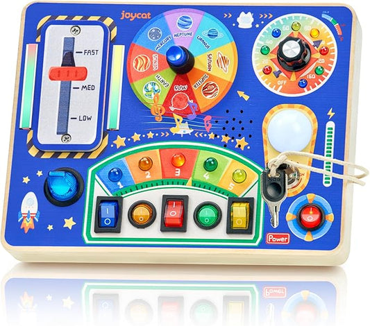 JoyCat Busy Board with Led Light, Toddler Toys for 1 2 3 4 Year Old Boys and Girls, Wooden Sensory Toys with Music, Travel Toy for Toddlers 1-3, Birthday Presents (Blue)