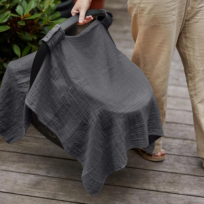 Car Seat Cover Baby - Organic Muslin Cotton - Carseat Canopy - 43" x 32" 2-Pack (Soft Grey/Natural)