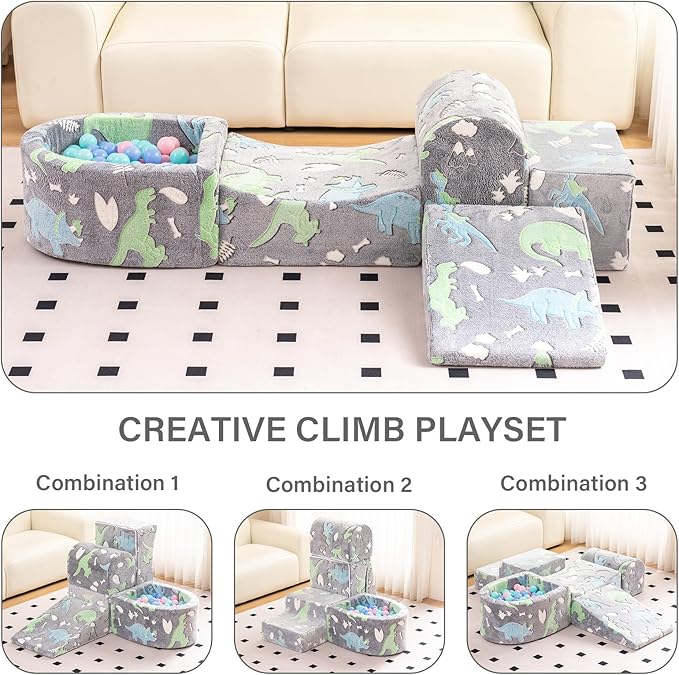 Tiita Baby Climb and Crawl Playset 5-Piece, Kids Foam Climbing Block with Small Ball Pit - Indoor Soft Play Climber for Playtime Fun, Grey Star, Green Dinosaur