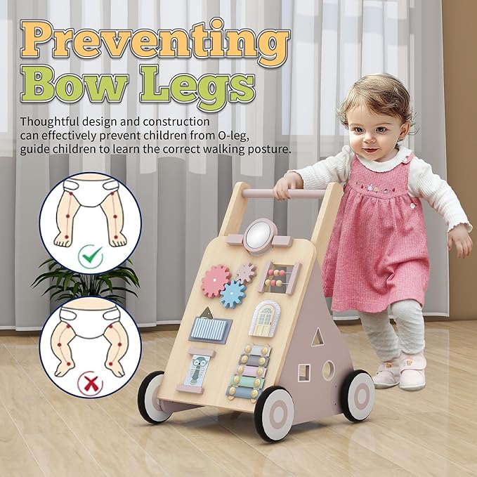Wooden Baby Walker, Baby Push Walker with Wheels Multiple Learning Activity Center Baby Walker Adjustable Height and Speed for Girls Ages 9+ Months, Pink