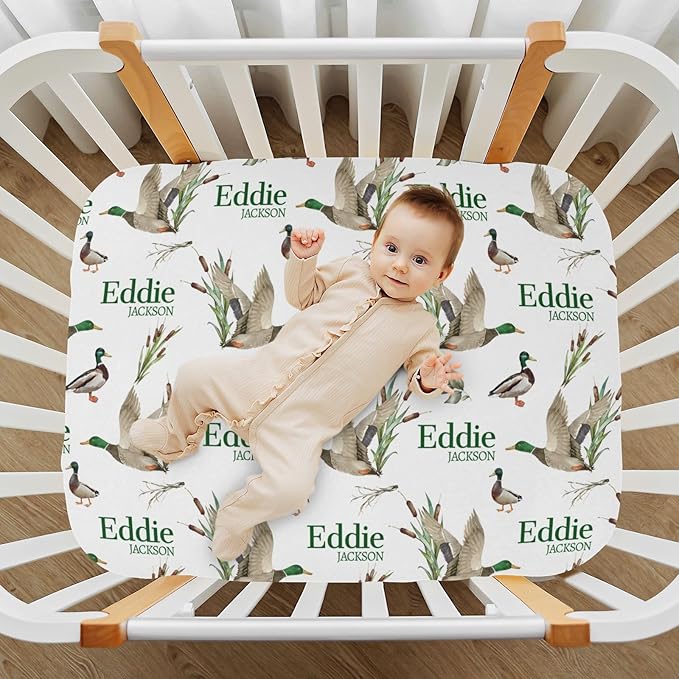 Personalized Pack and Play Sheets with Name, Custom Wild Ducks Baby Mini Crib Sheets for Baby Boys Girls, Name Pack n Play, Fitted Sheet with Name, Soft and Breathable Material