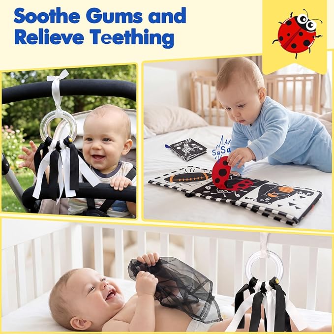 URMYWO 10 Pcs High Contrast Black and White Baby Toys for Newborn, Tummy Time Mirror, Rattle, Teether, Visual Stimulation Learning Cards, Sensory Toys for 0-6 Months, Baby Boy Girl Gift Easter Stuffer