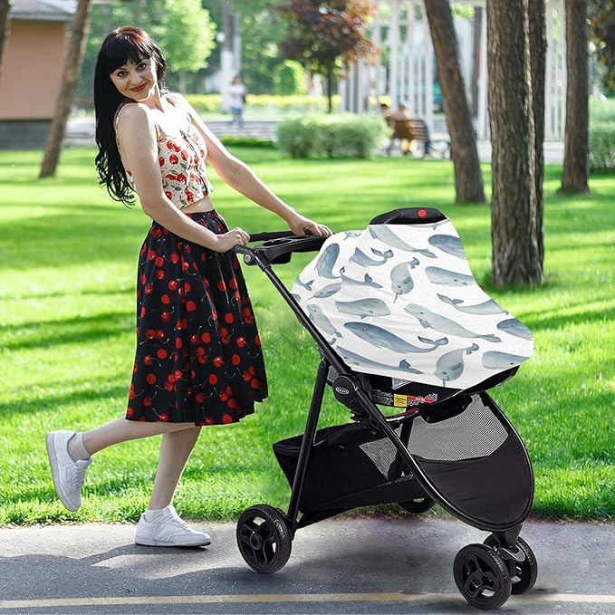 Watercolor Narwhal Whale Cachalot Beluga Animal Pattern Stretchy Baby Car Seat Cover Infant Canopy Nursing Covers Breastfeeding Cover Breathable Windproof Winter Scarf for Boys Girls
