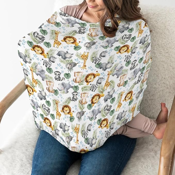 Jungle Friends Baby Car Seat Covers Safari Lion Giraffe Elephant Tropical Leaves Stretchy 5-in-1 Cover Adjustable Infant Carseat Cover Canopy Watercolor African Animals Breathable Nursing Cover-Up