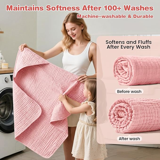 Hooded Baby Bath Towels for Newborn, 2 Pack - 6-Layer 100% Muslin Cotton, Soft Absorbent Baby Towels with Hood for Babies, Infants & Toddlers, Large 32x32 Inch Unisex Newborn Baby Bath Essentials