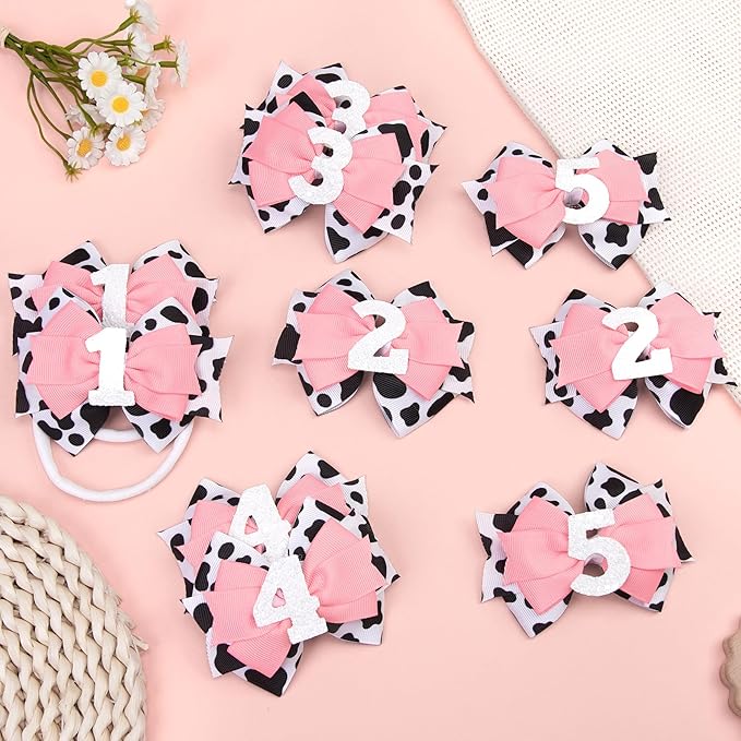 Cow Print Birthday Bow Hair Clip, Pink Farm Animal Theme 2 Year Old Hair Bow Clip Accessory for Toddler Girls Party Baby Shower Decor