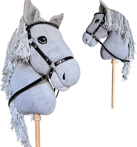 Playful Minds Large Hobby Horse for Kids and Adults – Show Quality with Rhinestone Studded Bridle, Removable Reins, and Long Mane – Plush Handmade Tournament Stick Horse, Grey