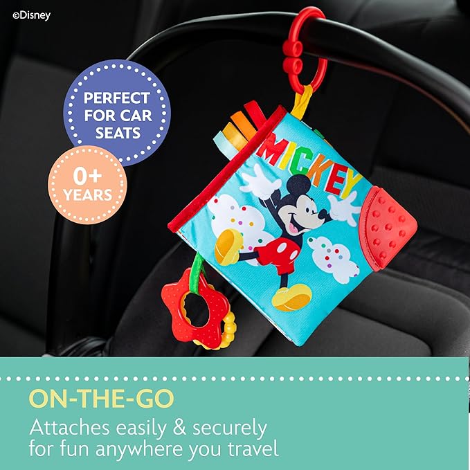 Kids Preferred Disney Baby Mickey Mouse Colorful Crinkle Soft Book with Teething Corner and On-The-Go Clip for Babies