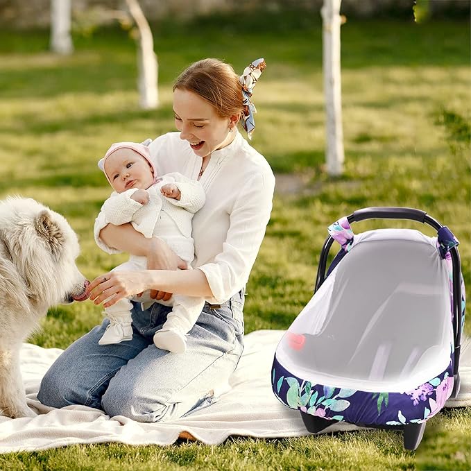 Baby Car Seat Cover, Purple Flower, Infant Carseat Canopy Girls, Summer Cozy Net Cover, Breathable Comfortable, Watercolor Floral