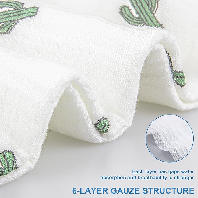 Hooded Towel Muslin Hooded Towel Made from Organic Cotton 6-Layer Cotton Bath Towel, Soft Bath Towels 25x51inches for Toddler Baby Kids Cactus