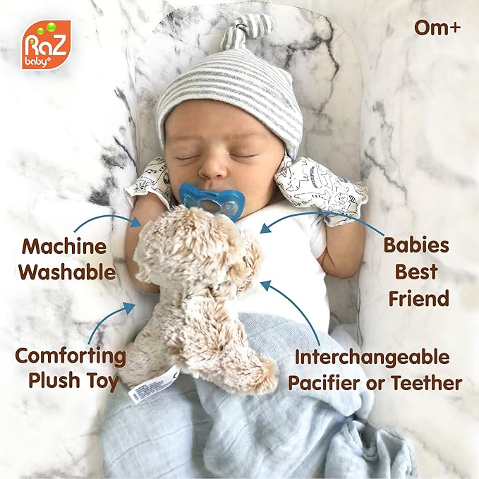 RaZbaby Sloth RaZbuddy Jollypop with 4 Added 0-3M Pacifiers (Teal, 4 Count), Pacifier Plush Holder w/Removable Baby Pacifier - BPA Free