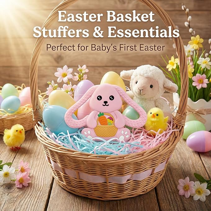 Easter Basket Stuffers Baby Teething Toys, Bunny Silicone Teething Toy for Babies 0 3 6 9 12 18 Months, Easter Basket Stuffer Essential, Baby Rabbit Carrots Teether for Baby & Toddler First Gifts