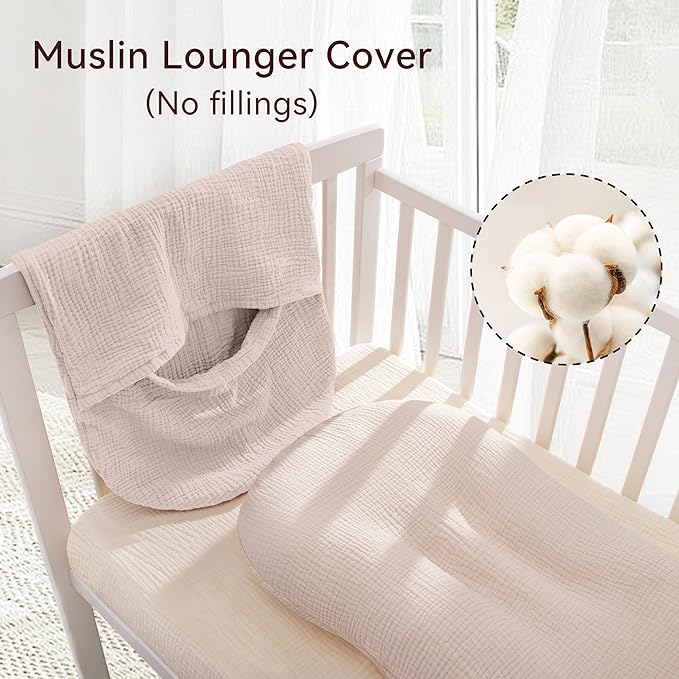 Muslin Baby Lounger Cover 1 Pack, Cotton Soft Breathable Infant Nest Slipcover, Envelope Closure, Compatible with Snuggle Me Loungers, Machine Washable, Cover Only, for Boys Girls(Beige)