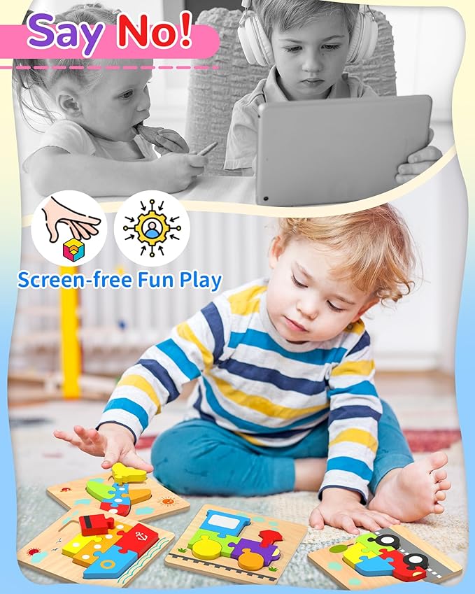 Wooden Puzzles Toddler Toys for Boys Girls, 4 Vehicle Shape Learning Educational Blocks Birthday Gifts Sensory Toy Montessori Toys