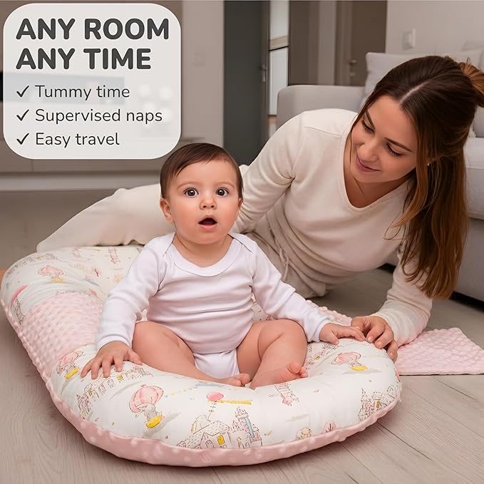 Baby Lounger Pillow for Newborn – Large Infant Lounger 0-24 Months | Anti-Startle Removable Wings, Breathable Mesh Core | 2-Sided Cotton & Minky Cover | Tummy Time Mat, Portable Baby Nest (Pink)