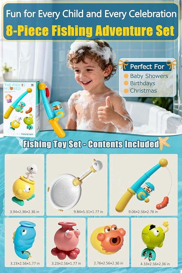 Magnetic Fishing Bath Toys for Toddlers 1-3, 8Pcs Bathtub Water Toys Set with Fishing Pole, Pool Toys for 3 4 5 6 Year Old Boy Girl, Baby Fishing Game Christmas Birthday Gifts for 2-4 Years Old boy