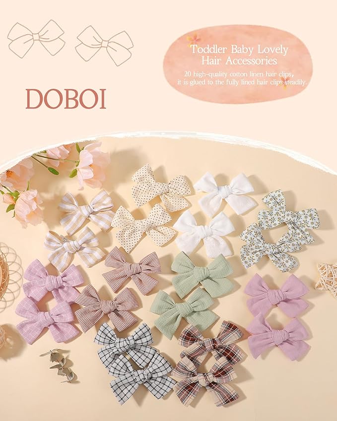doboi 20PCS Baby Girls Linen Hair Bows Clips Fully Lined Hair Barrettes Accessories for Babies Infant Toddlers Kids