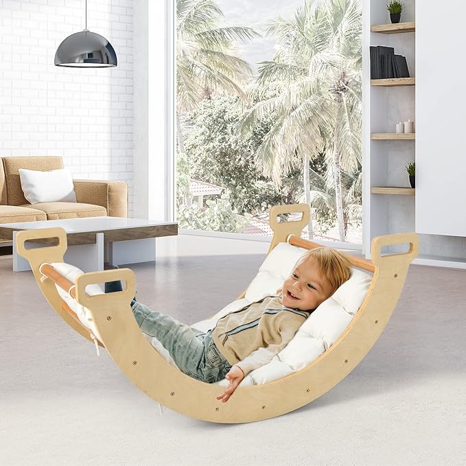 INFANS Wooden Arch Climber Rocker with Soft Cushion, 4 in 1 Montessori Climbing Ladder Toys for Toddlers, Waldorf Indoor Baby Children Ladder Gym Learning Playset Gift for Kids Boys Girls