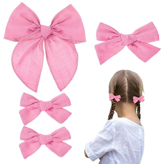 4 Pcs Pink Cotton Linen Hair Bows, Girls Bows for Hair, Toddler Hair Bows, Alligator Clips Knot Hair Bows for Girls, Light Pink, 3 Styles & 3 Sizes