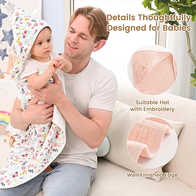 david's kids 2 Pack Hooded Baby Towels, Large 32"x32", 6 Layer 100% Muslin Cotton Highly Absorbent Girl Bath Towel for Newborn, Infant, Toddler, Soft and Breathable Baby Essentials, Floral & Butterfly