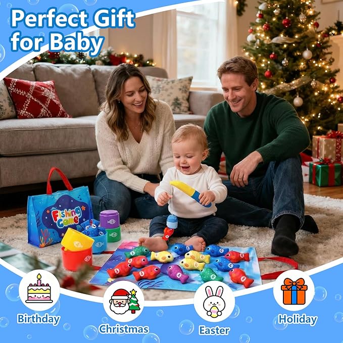 COUOMOXA Montessori Toys for 1 Year Old Baby: 22PCS Cloth Fishing Game with Stacking Cups - 6-12-18 Months Toddler Color Sorting Learning Toy Indoor Outdoor Play for Age 1 2 3 Boy Girl