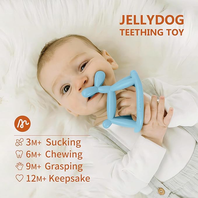 Teething Toys for Babies 0-6 Months, Jellydog Teethers for Babies 6-12 Months, Never Drop Food Grade Silicone Toddler Toys, Festivals Baby Basket Stuffers, Baby Boy Gifts, Cyan Blue