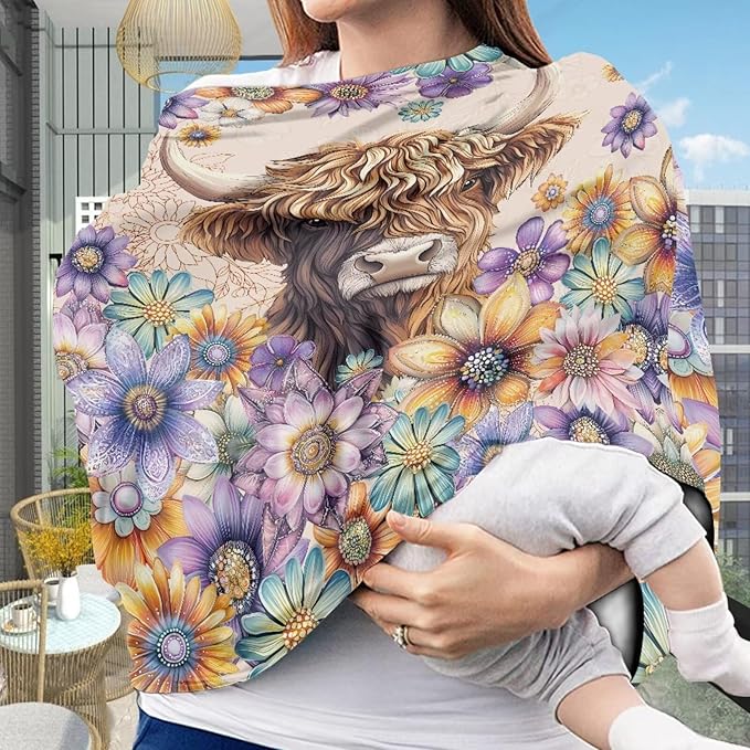 Highland Cow Carseat Cover for Babies, Dahlia Floral Breathable Infant Carseat Cover for Baby Girl Carrier Cover, Shopping Cart Cover for Baby