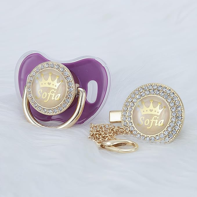 Personalized Name Bling Rose Gold Pacifier and Clip Set Ideal Gift for Baby Shower New Born Photoshoot & Keepsake (Purple)